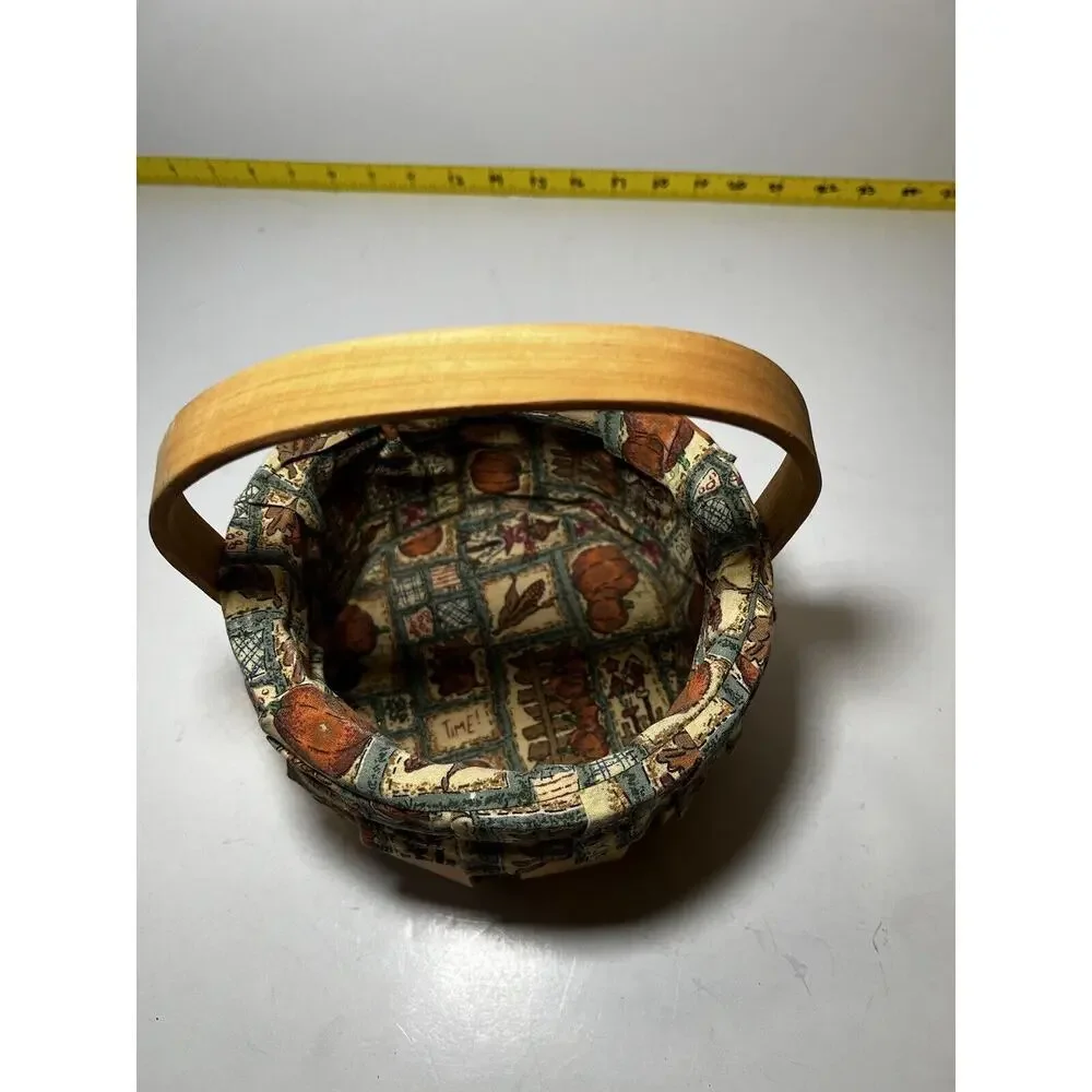 Vintage Wooden Basket Bent Wood Handle Cloth Lined Harvest Nailed Bottom